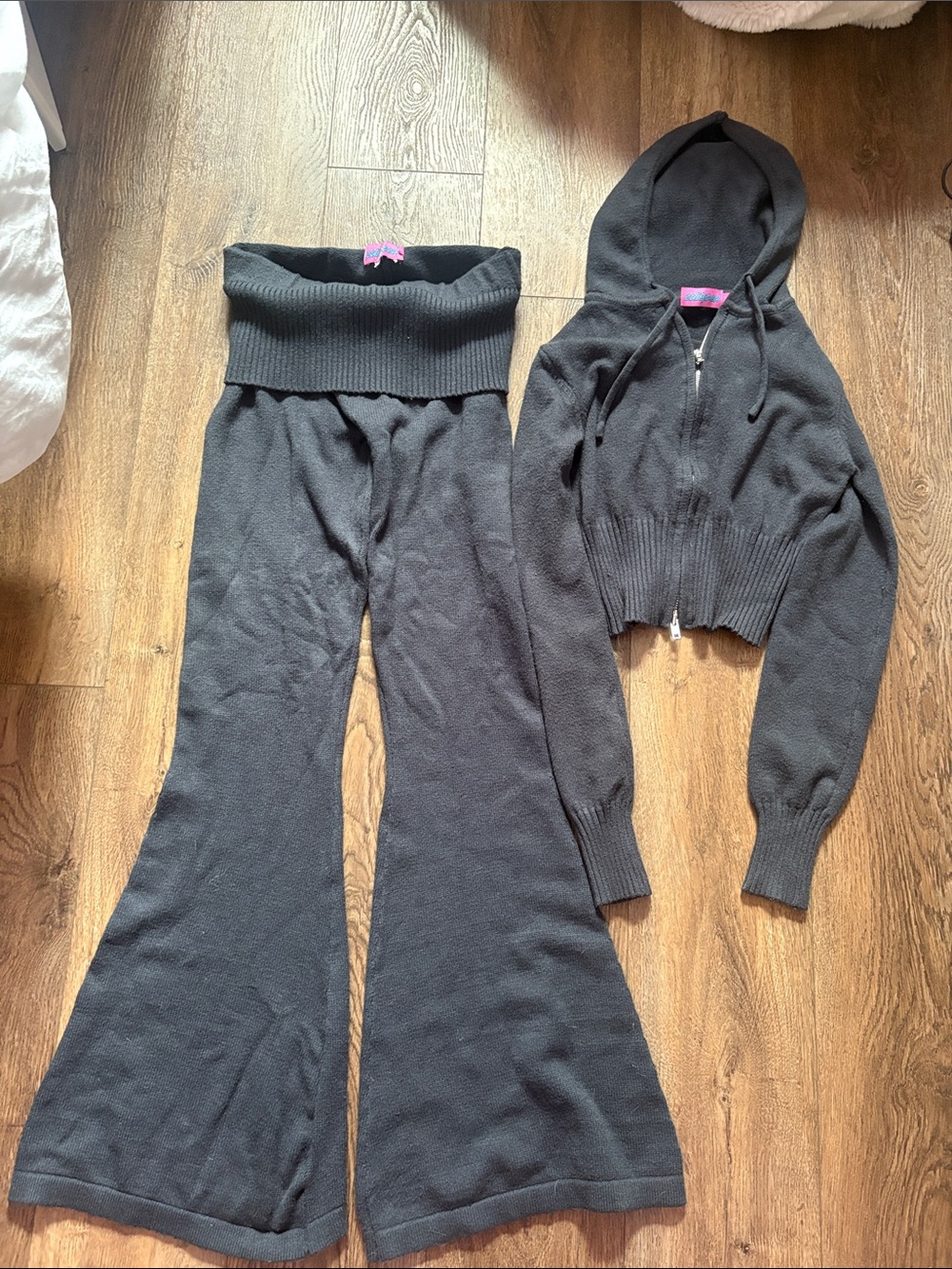 Edikted Black Knit Wide Leg Pants Fold over w/ matching Edikted Desiree Cardigan